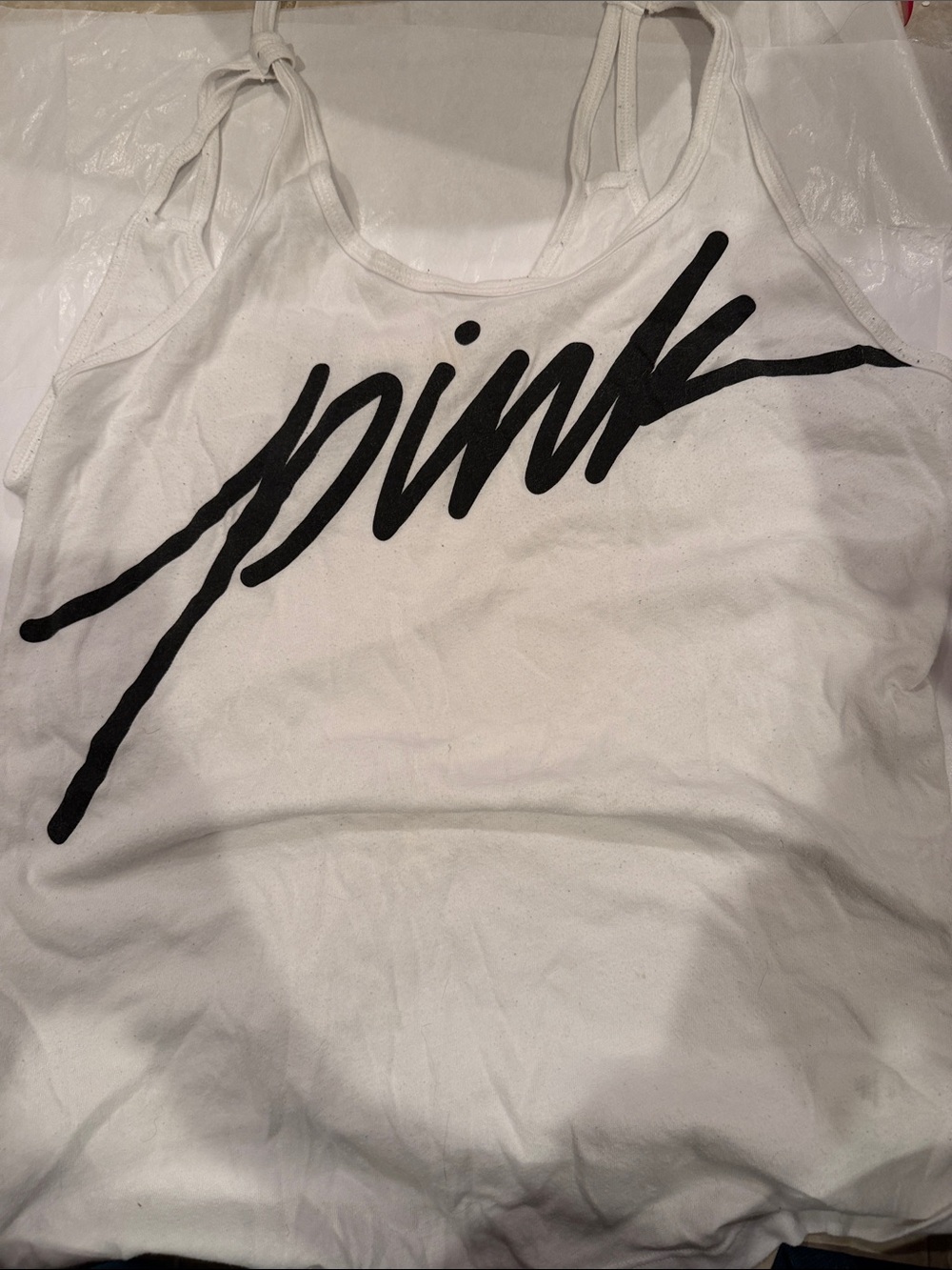 PINK Victoria's Secret White Tank with Black Script Logo